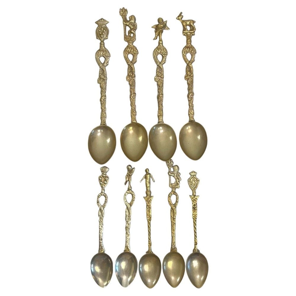 Vintage Set of 9 Brass Souvenir Demitasse Ornate Spoons Montagnani Made In Italy